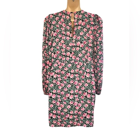 Zara Black Pink Floral Puff Long Sleeve Mini Bodycon High Waist Dress Medium - Picture 5 of 8